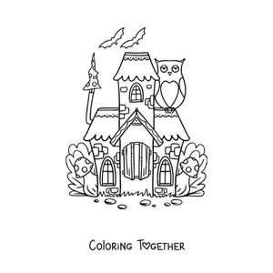 Coloring page of an enchanted castle in a magical forest