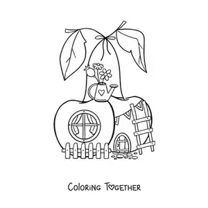 Coloring page of a cherry-shaped house in the enchanted forest