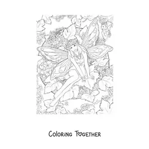 Coloring page of a realistic fairy with flowers sitting in the enchanted forest