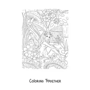 Coloring page of a realistic fairy with flowers and mushrooms sitting in the enchanted forest