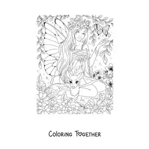 Coloring page of a realistic fairy with a butterfly and a deer sitting in the enchanted forest