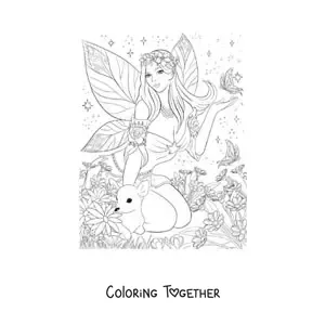 Coloring page of a beautiful realistic fairy with a butterfly and a deer sitting in the enchanted forest