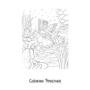 Coloring page of a beautiful water fairy on a lake in the enchanted forest