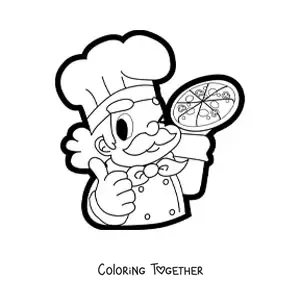 Coloring page of a chef holding a pizza in one hand