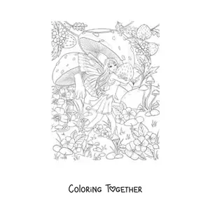 Coloring page of a beautiful realistic fairy with strawberries and mushrooms in a magical garden