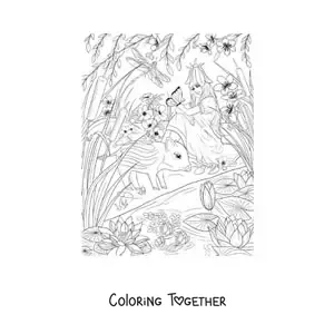 Coloring page of a beautiful animal fairy sitting in a magical garden with a butterfly and a tapir