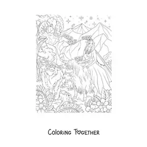 Coloring page of a beautiful animal fairy sitting on an ox in the enchanted forest