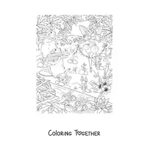 Coloring page of a beautiful animal fairy with beavers in the enchanted forest