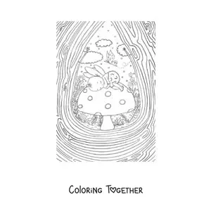 Coloring page of a baby fairy sleeping on a mushroom in a magical garden