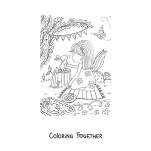 Coloring page of a little fairy girl having a picnic with a rabbit in a magical garden
