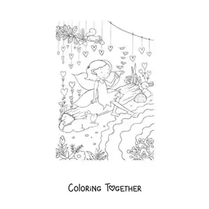 Coloring page of a little fairy girl with animals in the enchanted forest