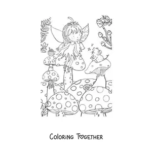 Coloring page of a little fairy girl sitting on a mushroom with a mouse in the enchanted forest