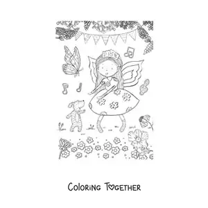 Coloring page of a little fairy girl dancing with a dog in a magical garden