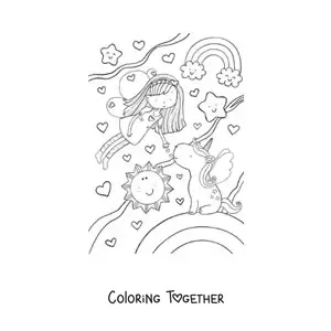 Coloring page of a little fairy girl flying with a unicorn and a rainbow