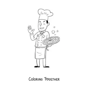 Coloring page of a chef pulling out a pizza slice