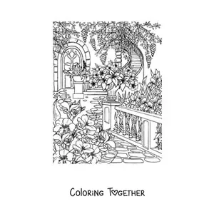 Coloring page of a secret garden with flowers and stairs