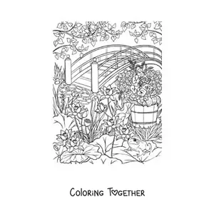 Coloring page of a secret garden with flowers and a bridge