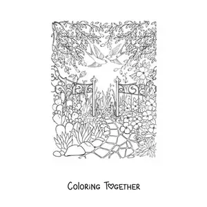 Coloring page of a secret garden with flowers and birds