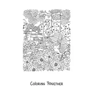 Coloring page of a secret garden with a swing surrounded by flowers and birds