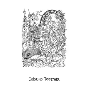 Coloring page of a bicycle in a secret garden with flowers and birds