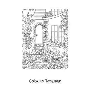 Coloring page of a house with a secret garden with flowers
