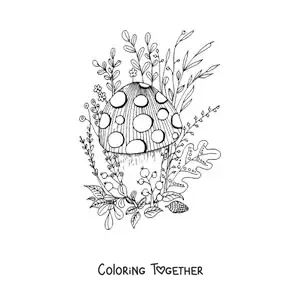 Coloring page of a mushroom with flowers and plants