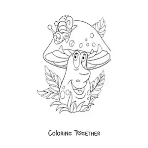 Coloring page of a cartoon mushroom with a snail