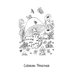 Coloring page of a cartoon cat with a mushroom and a butterfly in a magical garden