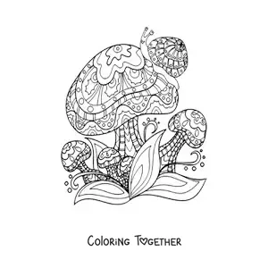 Coloring page of mushrooms with a snail in Zentangle style