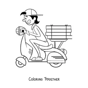 Coloring page of a pizza delivery person on a motorcycle