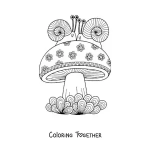Coloring page of a mushroom with snails in Zentangle style