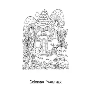 Coloring page of a porcupine and magical forest animals in a mushroom-shaped house