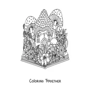 Coloring page of a book with a magical garden