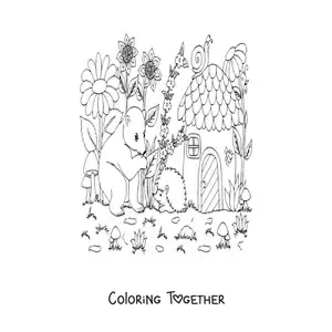 Coloring page of a bear and magical forest animals in a mushroom-shaped house