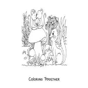 Coloring page of a cat and mice in a magical garden