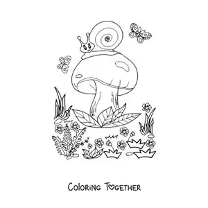 Coloring page of a mushroom with a snail and butterflies in the magical forest