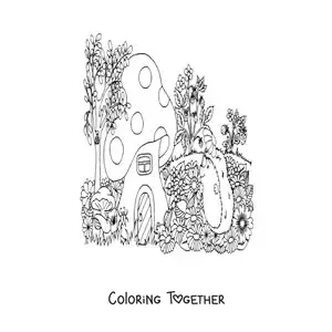 Coloring page of a sweet porcupine next to a magical forest house