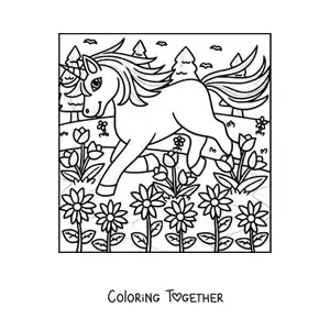 Coloring page of a unicorn trotting in a magical garden