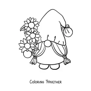 Coloring page of a garden gnome with flowers