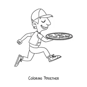 Coloring page of a pizza delivery person walking