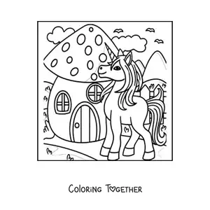 Coloring page of a unicorn next to a mushroom-shaped house in the enchanted forest