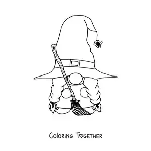 Coloring page of a Halloween gnome with a broom