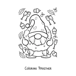 Coloring page of a Christmas gnome with a wreath