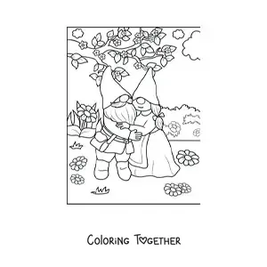Coloring page of a couple of gnomes hugging in the garden