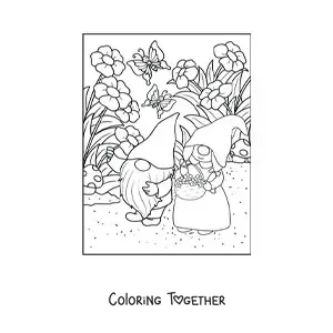 Coloring page of a couple of gnomes picking flowers in the garden