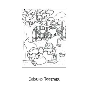 Coloring page of a couple of gnomes in love drinking coffee in the garden