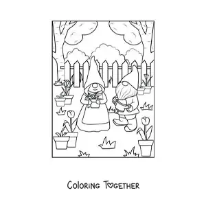 Coloring page of a couple of gnomes planting in the garden
