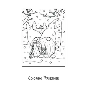 Coloring page of a couple of gnomes in love in winter