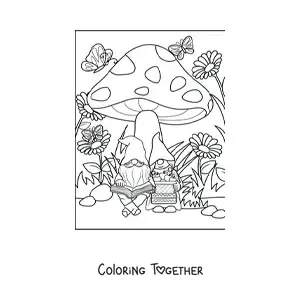 Coloring page of a couple of gnomes reading under a mushroom