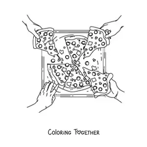Coloring page of several hands grabbing slices from a pizza in a box
